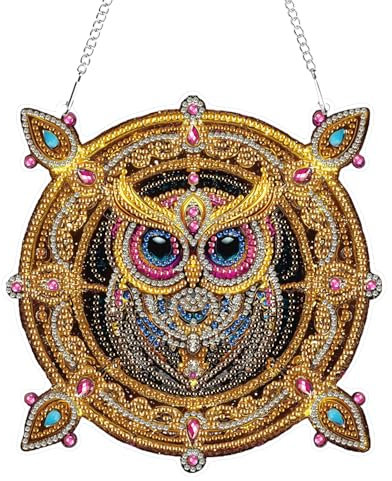 GHHKUD Diamond Painting Fensterbilder Beidseitige, Diamond Painting Eule Anhänger mit Kette, DIY Diamant Painting Bilder Kristall Malerei Anhänger, Wandbehang Kits für Eingang und Fenster Wand Decor