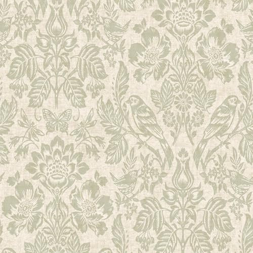 Hawthorn Meadow Woodland Damask Textured Blown Vinyl Wallpaper with Trees, Birds, Animals Living Room, Hallway, Bedroom Wallcovering Sage Green Holden 76001