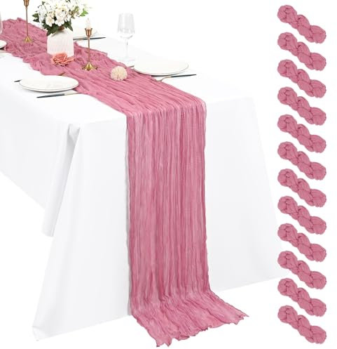 12 Stück Staubige Rose Seihtuch Tischläufer 3 m Boho Gaze Tischläufer 55 x 300 cm rustikal romantisch Langer Tischläufer für Hochzeit Party Brautparty Erntedankfest Weihnachtsdekoration