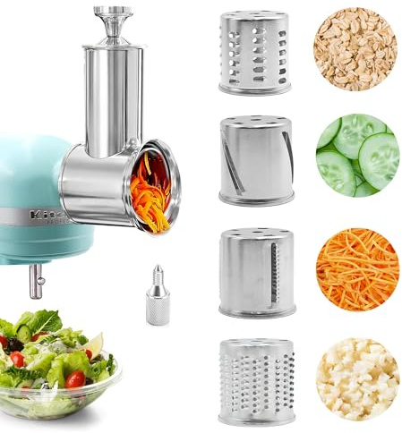 Edelstahl Slicer Shredder Aufsatz für KitchenAid Mixer, 4 Klingen | (Fein, Mittel, Grob, Hobel), mit Knauf, spülmaschinenfest, langlebig