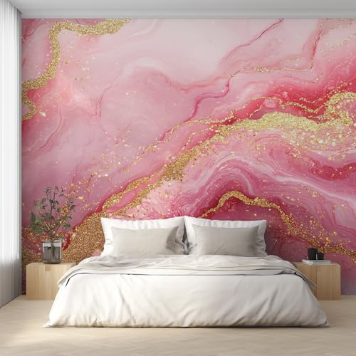 Generico Carta da Parati Marmo Rosa, Fotomurale Arte Fluida Texture Oro per Camera da Letto Decorazioni Parete, Carta Parati Effetto Decorativi Wallpaper, 350 x 256 cm D&O49