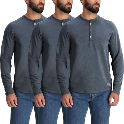 WJL WHISPERING JONES LONDON Mens Thermal T-Shirt Pack of 3 Long Sleeve Grandad Neck Waffle Knit Warm 3 Button Winter Essential Top, Pack of 3 Navy, L