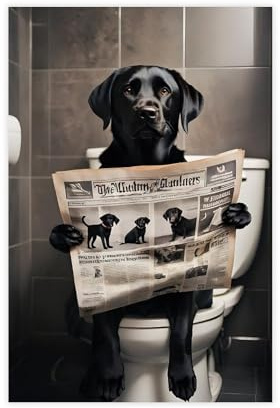 NKALFGH Schwarzer Labrador auf Toilette, Hund, Badezimmer, Leinwand, Poster, Schlafzimmer, Dekoration, Landschaftsdekoration, Geschenk, 40 x 60 cm