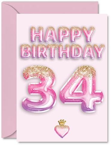 34th Birthday Cards for Women and Men, Pink & Purple Glitter Balloons | Happy Birthday Card for 34 Year Old Man Woman Cousin Neighbour Brother Wife, A5 Bday Greeting Cards