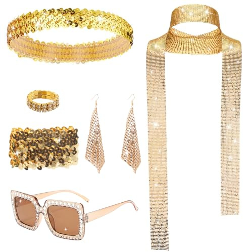 6 Stück 70er Jahre Disco Kostüm Zubehör Set Disco Accessoires 70er Damen mit Glitzer Pailletten Schal Disco Sonnenbrille Ohrringen Haarband Strassarmband Ring für 70er80er Fasching Karneval Kostüm