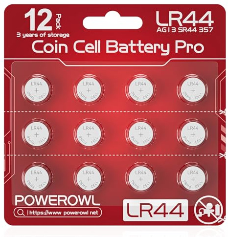 POWEROWL 12 Pcs LR44 Batteries for Watches, Christmas decorations, Bottle Lights, and Small Electronics (Red)