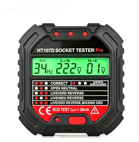Uadme Testeur de Prise Electrique avec Test RCD, CAT ll 300V | Testeurs de Circuit Electrique Courant Automatique Détecteur de Tension de Polarité 90-250V, Détectez 6 Conditions de Câblage