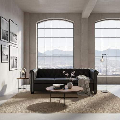 Woonisher Sofa 3-Sitzer in Schwarz Kunstleder, Klassisches Schlafsofa mit Eleganter -Optik, Ecksofa mit Schlaffunktion für Wohnbereich und Büro, Vintage Design
