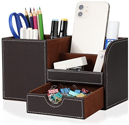 GORESE Büro Schreibtisch Organizer -Stiftehalter Schreibtisch PU Leder Büro-Bleistifthalter Organizer Stiftebox Stifteköcher Desktop-Schreibtisch-Zubehör Bürobedarf Organisationsdekor(Braun 2)