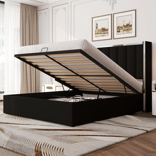 LUXOAK Polsterbett 140x200 mit Bettkasten & Liftfunktion, Schwarz | 115cm Wingback-Kopfteil mit Chromdetails, weicher Samtbezug, großer Stauraum, stabiler Holzrahmen, leiser Lattenrost