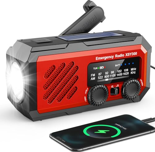 YIKANWEN Tragbares Notfall-Kurbelradio, 2000mAh wiederaufladbare Batterie, AM/FM Kurbelradio mit LED-Taschenlampe für drinnen und Camping im Freien, Rot