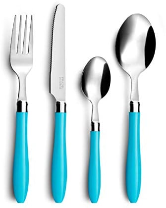 PRADEL ESSENTIEL - Ménagère 16 couverts de table pour 4 personnes - Réglisse - Acier inoxydable 18/0, Finition Standard - Bleu Turquoise