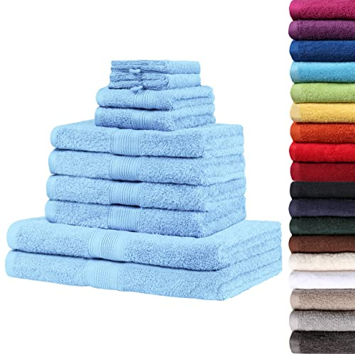 NatureMark 10 TLG. Frottier Handtuch-Set Verschiedene Größen 4X Handtücher, 2X Duschtücher, 2X Gästetücher, 2X Waschhandschuhe - Premium Qualität (10 TLG. Frottier Set, Hell blau)