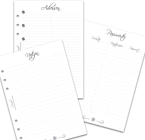 SinnWunder® 50 Blatt Planer-Notiz-Set – mit Notiz-Seiten, Adressen, und Passwortlisten für Ringbücher mit 6 Ringen im Format DIN A5