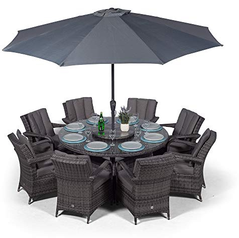 Giardino Arizona Rattan Garden Dining Set 8 Seater Outdoor Table & Chairs Wicker Patio Furniture with Parasol & Cover, Aluminium Frame, 155cm, Round, Grey