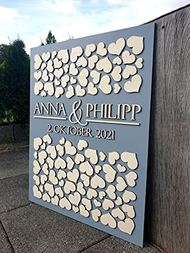Manschin Laserdesign Personalisiertes 3D Hochzeit Gästebuch in verschiedenen Größen | 40-160 Herzen | Hochkant aus echtem Holz Gästebuch Alternative (Grau)