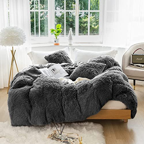 CoutureBridal Bettwäsche 135x200cm Grau Warm Winter Plüsch Langhaar Flauschig Flanell Biber Bettbezug mit Reißverschluss und Kissenbezug, 2 teilig, 80x80cm