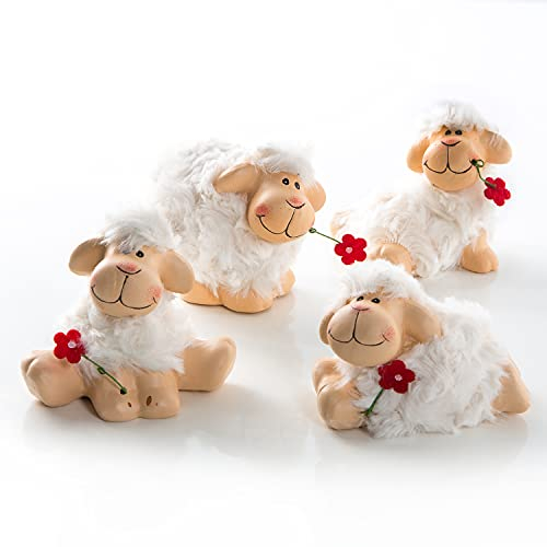 Deko-Figuren Schafe, 4er Set: Osterdeko aus Ton, Deko-Lamm für Tisch & Ostergesteck, Frühlingsdeko Ostern, Osterschmuck Indoor, Weiß, Osterfiguren klein, Schaf-Dekoration, Dekofigur Frühling, 9 cm