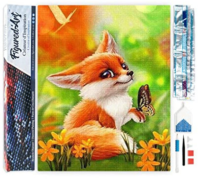Figured'Art Diamond Painting Erwachsene 40x50cm Ganze Leinwand gerollt Fuchs und Schmetterling 5D Bilder Eckige Steine - DIY Set Basteln