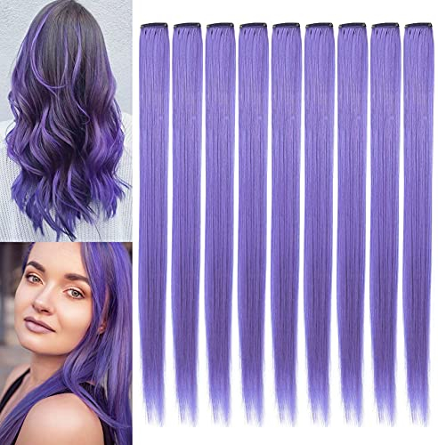 9pcs 21 Zoll Farbige Haarverlängerungen Party Highlights Lavendel Clip in/on Synthetische Glatthaar Perückenteile, Multicolors Haarschmuck Haarteile für Frauen Mädchen (Lavendel)