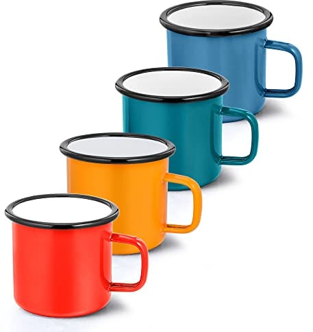Herogo Enamel Mug, Camping Coffee Mug Set of 4, Red/Blue/Green/Yellow, 350ml Vintage Tea Cups for Home Garden Travel, Christmas Cups and Mugs for Hot Drink, Reusable & Portable