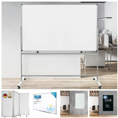 Master of Boards Magnettafel Whiteboard mit Ständer 120 x 180cm mobiles White Board auf Rollen doppelseitige Stativdrehtafel magnetisch, beschreibbar, rollbar, leicht abwischbar mit Stifteablage