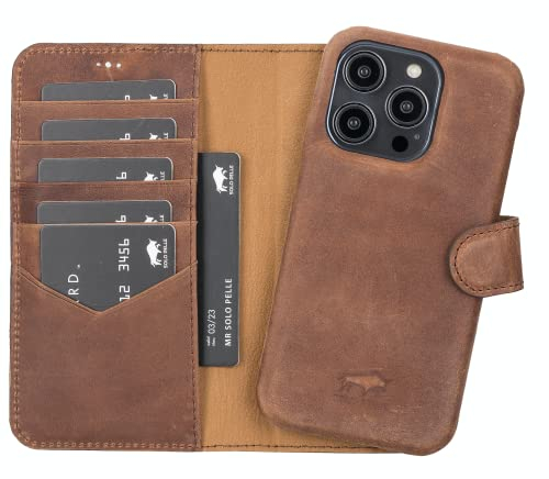 Solo Pelle Lederhülle kompatibel für iPhone 14 Pro in 6.1 Zoll abnehmbare Hülle (2in1) inkl. Kartenfächer für das original Apple iPhone 14 Pro (Vollleder Vintage Braun)
