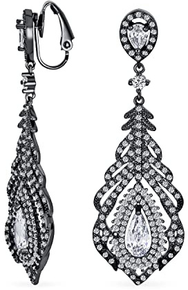 Vintage Braut Art Deco Stil Cubic Zirkonia Halo Blatt Träne Lange Aussage Cz Kronleuchter Baumeln Clip Auf Ohrringe Für Frauen Abschlussball Schwarz Oder Silber Plattiert Messing
