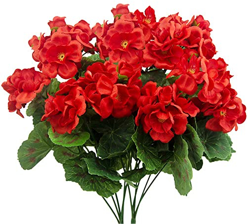 FERIAL Künstliche rote Geraniensträucher, Kunstblumen, Geranien, Seidenblumen, Outdoor-Pflanze, Strauch, rote Geranien für Blumen, Heimdekoration, Innenbereich, Garten, Terrasse, Grab, Friedhofsvase,