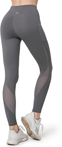 Yvette Damen Sport Leggings mit Mesh Tasche, high Waist Sporthose Streetwear Sportleggings, Grau, S