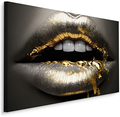 Muralo - Leinwandbild Gesicht Frau Silberne goldene Lippen Aufhängefertig - Wandbild Kunstdruck für Wohnzimmer Schlafzimmer Büro Wanddeko Modern Vintage Glamour Loft Stil 120 cm x 80 cm