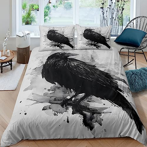WIKINGER Bettwäsche 135x200 cm 4teilig Jungen 100% Mikrofaser Sommer Weiche Winter Warm Kinder Bettbezüge mit Reißverschluss 3D Schwarzer Rabe Bettbezug mit 2 Kissenbezüge 80x80 cm