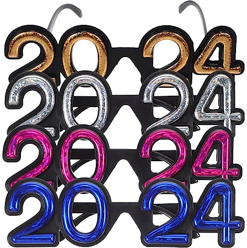 PACKOVE 4 Paar Frohes Neues Jahr Brillen 2024 Neujahr Brillengestell Glitzer 2024 Zahlen Brillen Lustige Neuheit Brillen Kostüm Foto Requisiten Für Silvester