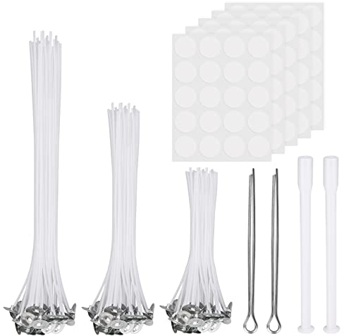 MOGADEE® Candle Wicks - 100pcs, 3 Sizes (10cm, 15cm, 20cm), Includes 2 Wick Holders, 100 Glue Dots, 2 Tubes, Low Smoke & Longer Burn Time for DIY Candles