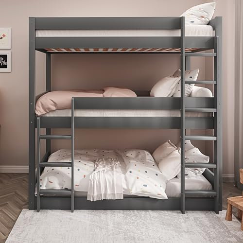 Triple Bed Bunk Beds, 3ft Triple Bunk Loft Bed, Sleeper Bunk Bed for Kids, Solid Pine Wooden Bed Frame for Kids Children Adults (Dark Grey, L197 x W96 x H198cm)