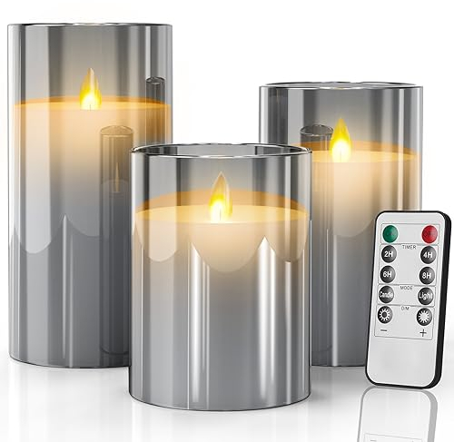 SUNNEST Led Flameless Candles, Silver Grey Glass Fake Candle Battery Operated Flickering Candle Pillar Real Wax Moving Flame Electric Candle Sets with Remote Timer, 4 in, 5 in, 6 in, Pack of 3 (Grey)