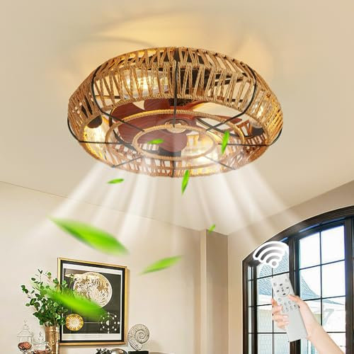 Becailyer 18.8 Farmhouse Caged Ceiling Fan with Light Remote Control, Low Profile Bedroom Ceiling Fans, Enclosed Industrial Ceiling Fan 6 Speed Reversible Woven Rattan Ceiling Fan for Kitchen Bedroom