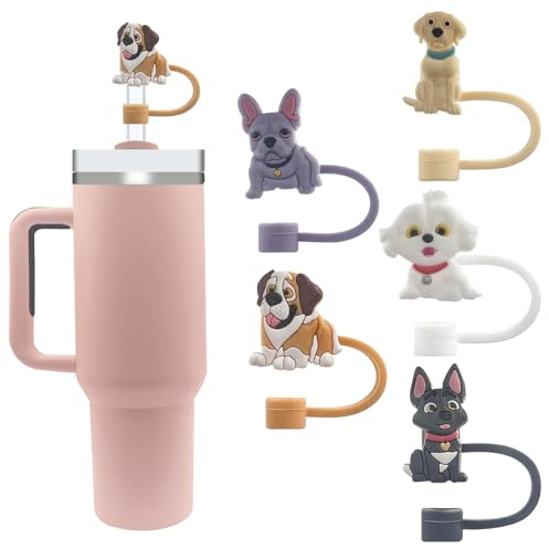 Velaco 5Pcs 0.4in/10mm Diameter Silicone Straw Covers Cap for Stanley 20 30&40 Oz Cup, 5 Different Dog Straw Toppers for Stanley 40 Oz Tumbler with Handle, Dust-Proof Straw Caps for Water Bottle