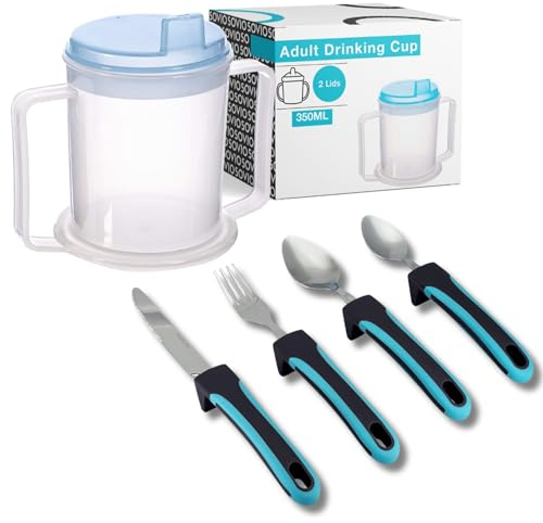 Sovio Disability Aids Adult Eating and Drinking Set - 350ml Non-Spill Cup for Elderly and Weighted Utensil Set for Disabled Aids and Arthritic Hands - Dishwasher Safe, Cutlery for Daily Living