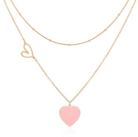 Linawe Pink Heart Choker Layered Necklaces for Women, Rose Gold Pendant Stainless Steel Chain Necklace, Y2K Preppy Stacked Necklaces, Chunky Double Heart Lover Necklace Jewellery
