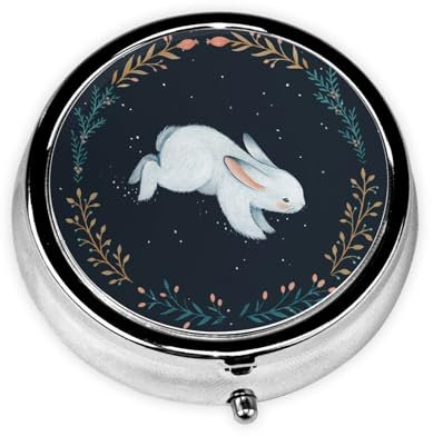 Jaywis Pillendose mit niedlichem weißen Hasen-Druck, rund, tragbar, Mini-Metall-Pillendose, 3 Fächer, Medikamentenbox