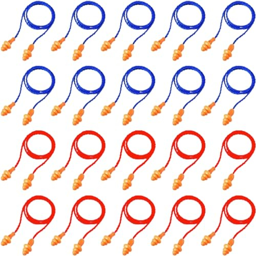 JCKD 20 pares de tapones para los oídos con cable, tapones de silicona reutilizables para los oídos con cancelación de ruido para dormir, para cancelación de ruido y protección auditiva (2 colores)