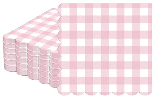 50 rosa gewellte Servietten, rosa und weiß kariert, dekoratives Partyzubehör, helles Karomuster, Gingham-Servietten für Mädchen, Frauen, Hochzeit, Geburtstag, Babyparty, Sommer, Picknick