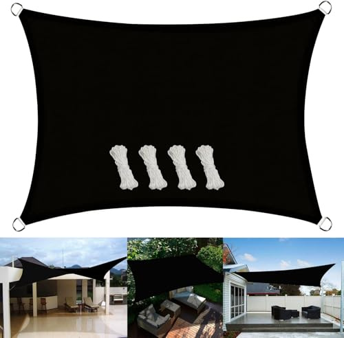 Toldo Vela de Sombra Rectangular 5 x 10 m Toldos Exterior Terraza, Lona de sombrilla, Vela de Sombra, Impermeable Protección UV Prueba de Viento para Pergola, Jardín, Piscina, Negro
