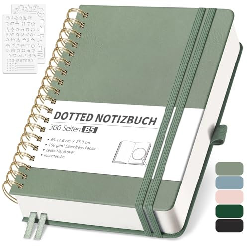 RETTACY Notizbuch B5 Dotted, Bullet Dot Journal mit 100 g/m² Dickem Papier, 150 Blatt, Notebook für Büro und Schule, Lederhülle, Hellgrün, 17.6 cm x 25 cm