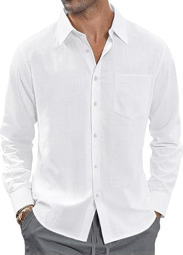 HAGOT Mens Henley Linen Shirt, Light Cotton Beach Shirt Top, Casual Banded Collar Long Sleeve, with Pocket, White, M
