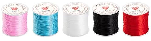 NomPat Pack of 5 White Black Pink Red Blue Elastic Beading Threads, Fabric Craft Making String for Bracelet, Jewelry, Braided Hair Tie, Pony Beads Toys String Cord 0.7mm, 50m Long Each Roll