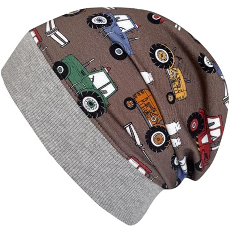 Wollhuhn ÖKO Leichte Mädchen/Jungen Beanie-Mütze Bündchen Elastisch Übergangszeit/Sommer Kinder-Mütze Baumwolle (Öko-Stoffe, Bio) (DE/NL/SE/PL, Numerisch, 52, 54, Trecker/Traktor Braun/Bunt)