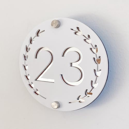Round Garland Personalized 3D Acrylic House Number Plaque, Bicolor Floating Numbers (White and Silver) for Indoor and Outdoor, Perfect for Homes, Hotels, Apartments and Business.