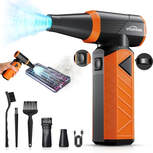 WHATOOK Updated Compressed Air Duster: Air Blower with Stepless Speed Regulation Mode, 180000RPM Electric Air Duster with Brushless Motor, Air Duster for Keyboard, PC, Car and Home Cleaning(Orange)